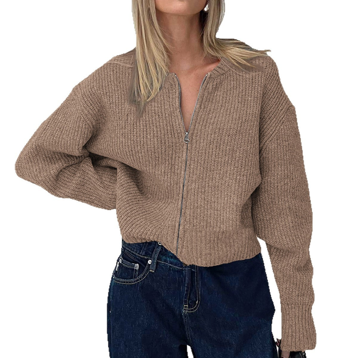 R&B | Damen Strickjacke mit Reißverschluss und langen Ärmeln