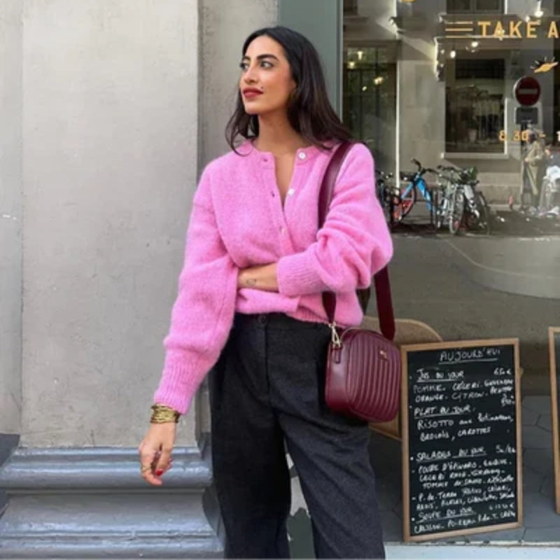 R&B | Damen Rosa Cardigan mit Rundhals und Knopfverschluss