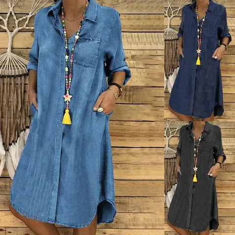 R&B | Jeans Midi-Kleid mit Umgeschlagenen Ärmeln und Brusttasche.