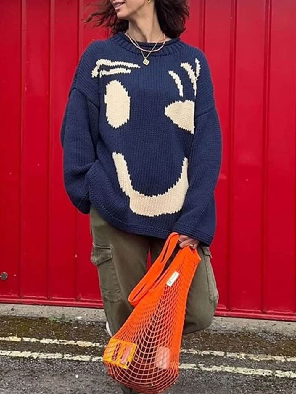 R&B | Gestrickt Übergröße Schnitt Lang Abstraktes Intarsienmuster