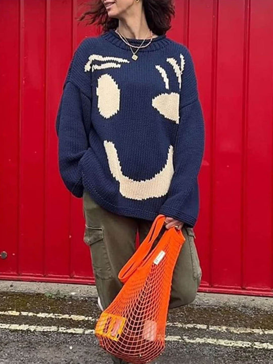 R&B | Gestrickt Übergröße Schnitt Lang Abstraktes Intarsienmuster