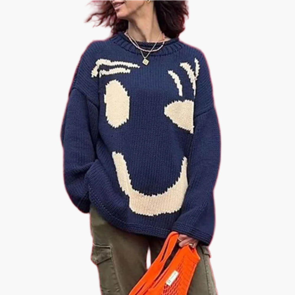 R&B | Strickpullover Im Künstlerstil - Gemütlicher Freizeit-Jumper mit Abstraktem Gesichtsmuster