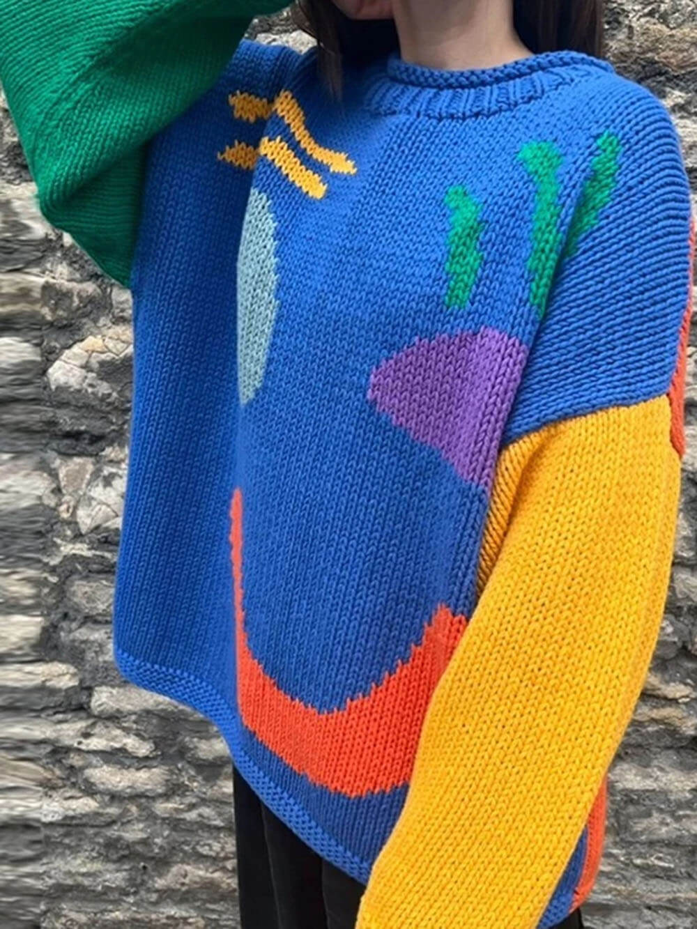 R&B | Strickpullover Im Künstlerstil - Gemütlicher Freizeit-Jumper mit Abstraktem Gesichtsmuster