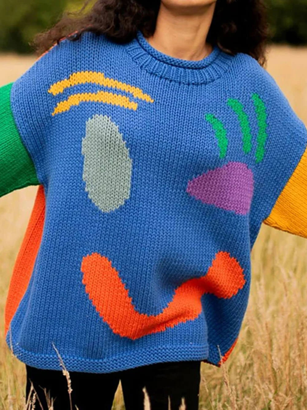 R&B | Gestrickt Übergröße Schnitt Lang Abstraktes Intarsienmuster