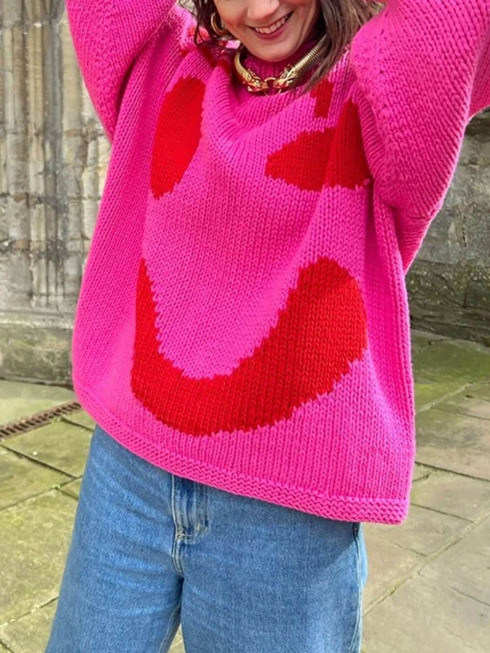 R&B | Strickpullover Im Künstlerstil - Gemütlicher Freizeit-Jumper mit Abstraktem Gesichtsmuster
