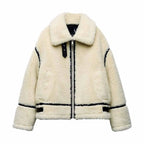 R&B | Oversized Teddyjacke - Kontrastbesatz Hoher Kragen Jacke