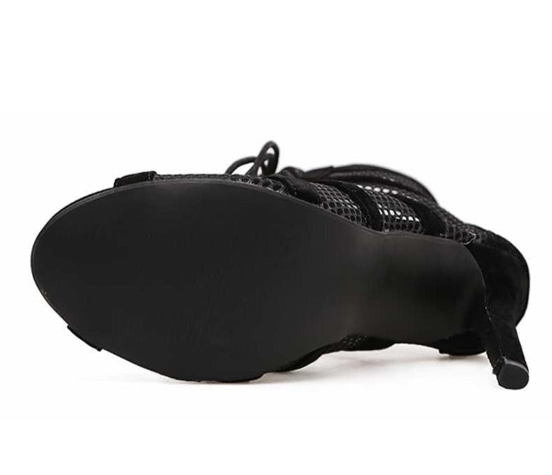 R&B | Schwarze Schnürung Peep Toe Netz High Heel Knöchel Stiefel