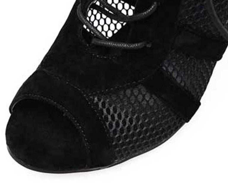 R&B | Schwarze Schnürung Peep Toe Netz High Heel Knöchel Stiefel