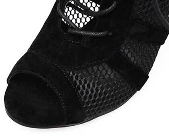 R&B | Schwarze Schnürung Peep Toe Netz High Heel Knöchel Stiefel