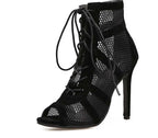 R&B | Schwarze Schnürung Peep Toe Netz High Heel Knöchel Stiefel
