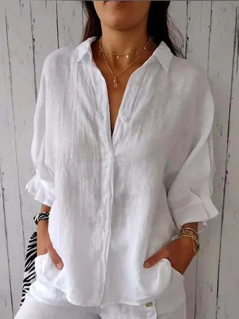 R&B | Lässiges Shirt mit Schlaufenverschluss Aus Baumwolle und Leinen für Frauen