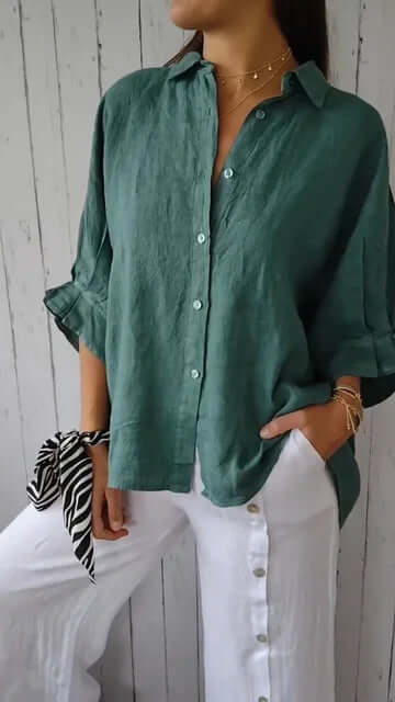 R&B | Lässiges Shirt mit Schlaufenverschluss Aus Baumwolle und Leinen für Frauen