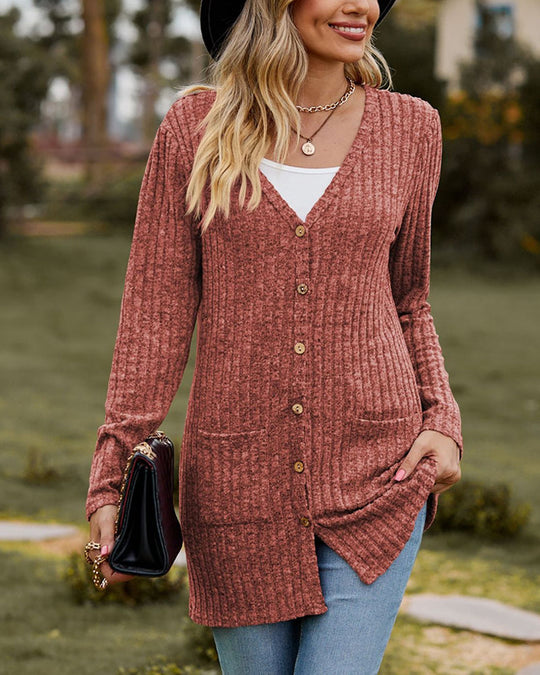 R&B | Damen Lange Gestrickte Strickjacke mit Knöpfen