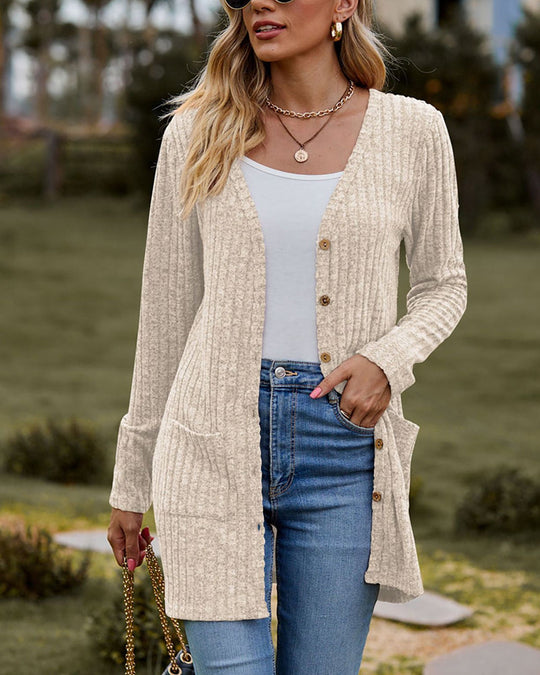 R&B | Damen Lange Gestrickte Strickjacke mit Knöpfen