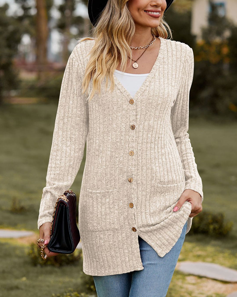 R&B | Damen Lange Gestrickte Strickjacke mit Knöpfen