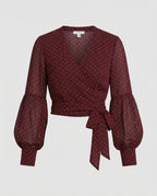 Elegante weinrote Damen Bluse mit Polka Dots und V-Ausschnitt