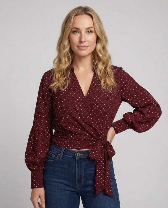 Elegante weinrote Damen Bluse mit Polka Dots und V-Ausschnitt