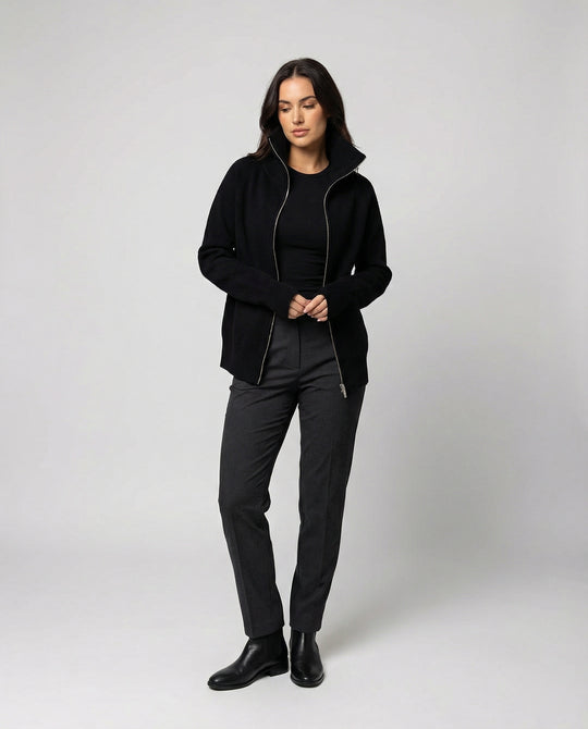 Eleganter Damen Strick Cardigan mit Doppelreißverschluss und hohem Kragen