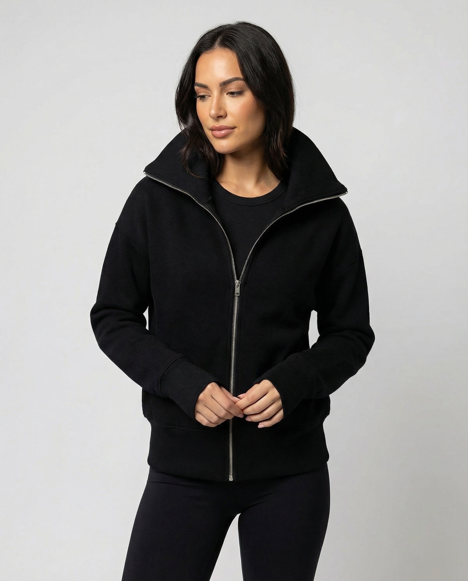 Eleganter Damen Strick Cardigan mit Doppelreißverschluss und hohem Kragen