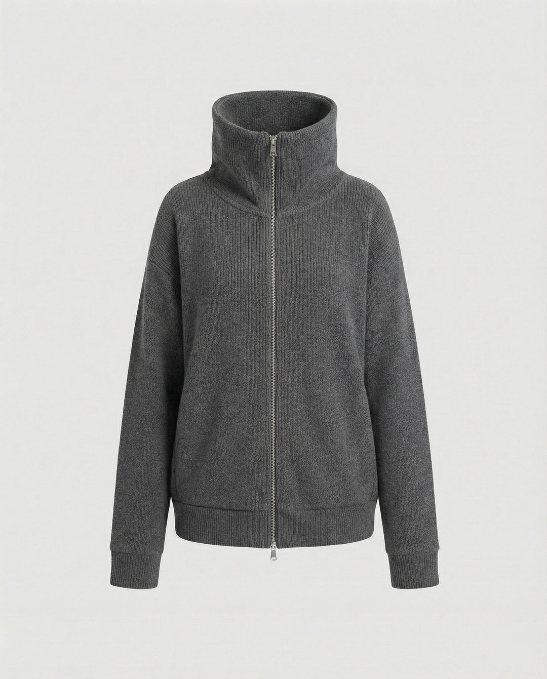 Eleganter Damen Strick Cardigan mit Doppelreißverschluss und hohem Kragen