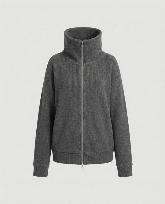 Eleganter Damen Strick Cardigan mit Doppelreißverschluss und hohem Kragen