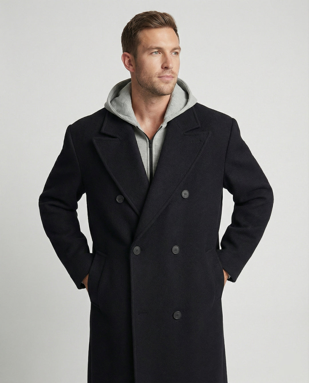 Eleganter Herren Wollmantel Mittellang mit Schulterpolstern Vibe Style Trenchcoat