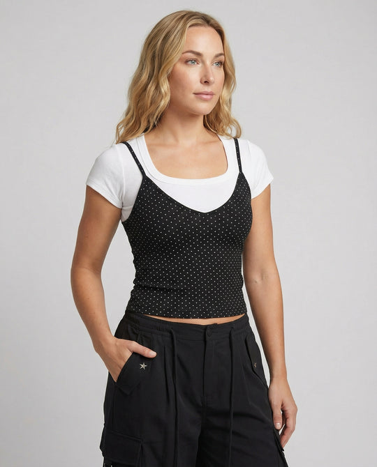 Elegantes Zweiteiler Set Damen T-Shirt und Polka Dot Top