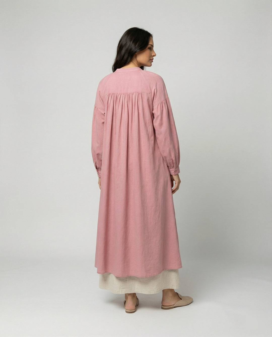 Elegantes französisches Baumwoll-Leinen Kleid in Fuchsia für den Herbst