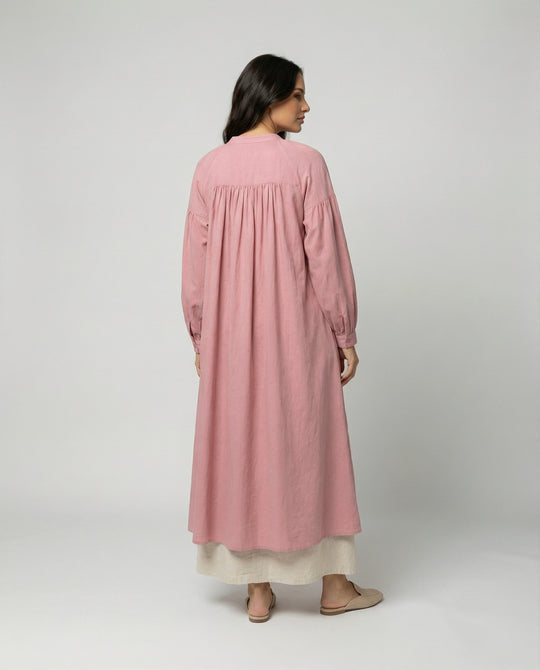 Elegantes französisches Baumwoll-Leinen Kleid in Fuchsia für den Herbst