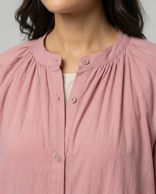 Elegantes französisches Baumwoll-Leinen Kleid in Fuchsia für den Herbst