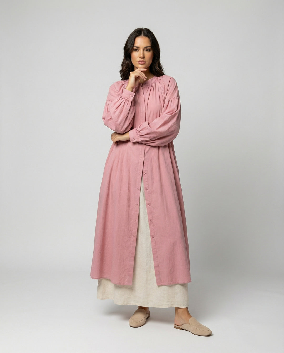 Elegantes französisches Baumwoll-Leinen Kleid in Fuchsia für den Herbst