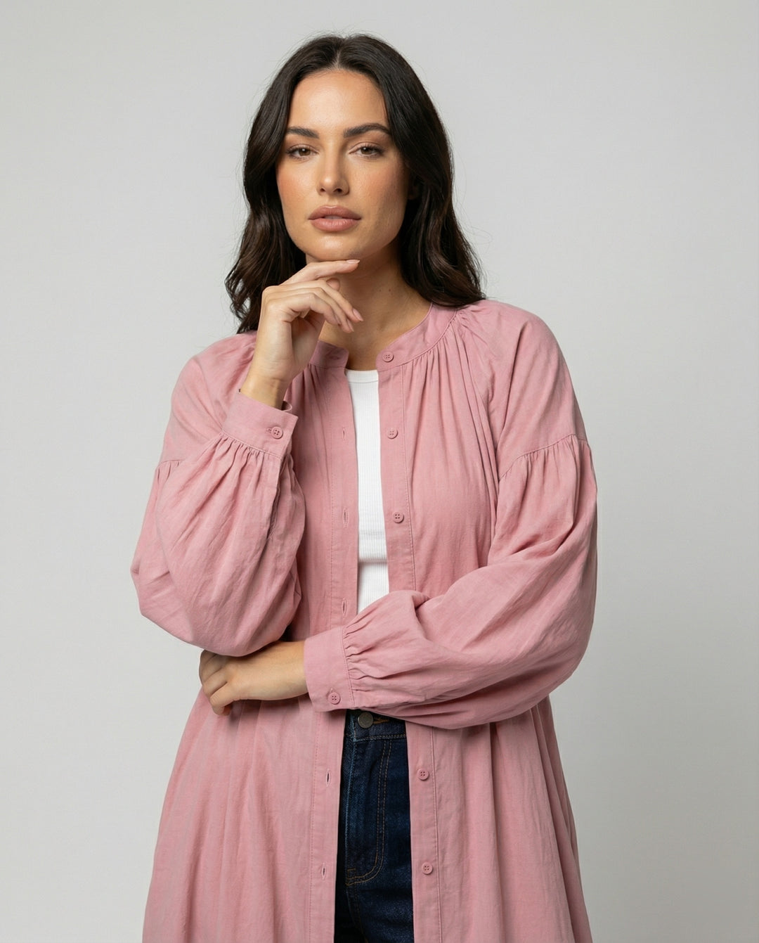 Elegantes französisches Baumwoll-Leinen Kleid in Fuchsia für den Herbst