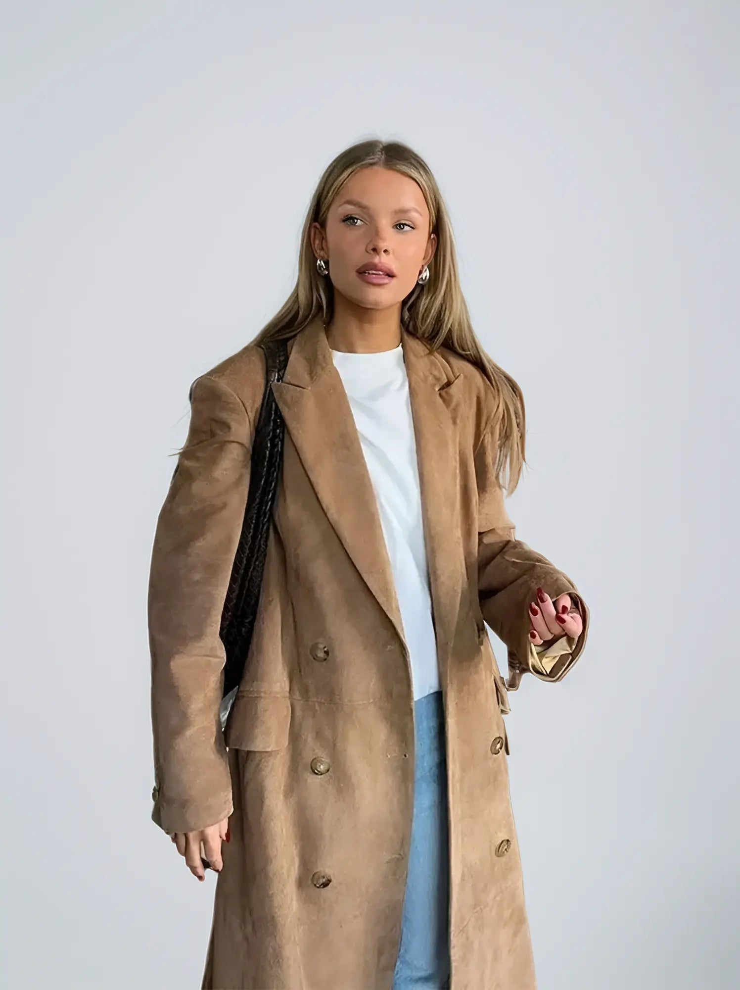 R&B | Damen Wildleder Trenchcoat mit Klassischem Revers und Doppelt Knopfverschluss