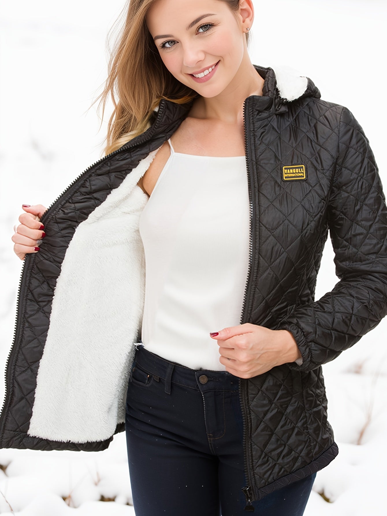 R&B | Damen kurze wattierte Winterjacke mit Kapuze und Fleece-Futter