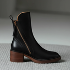 Stiefeletten - Braune und schwarze Lederstiefel mit Blockabsatz für Frauen R&B