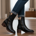 Stiefeletten - Braune und schwarze Lederstiefel mit Blockabsatz für Frauen R&B