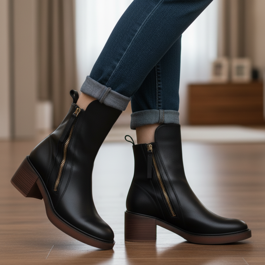 Stiefeletten - Braune und schwarze Lederstiefel mit Blockabsatz für Frauen R&B