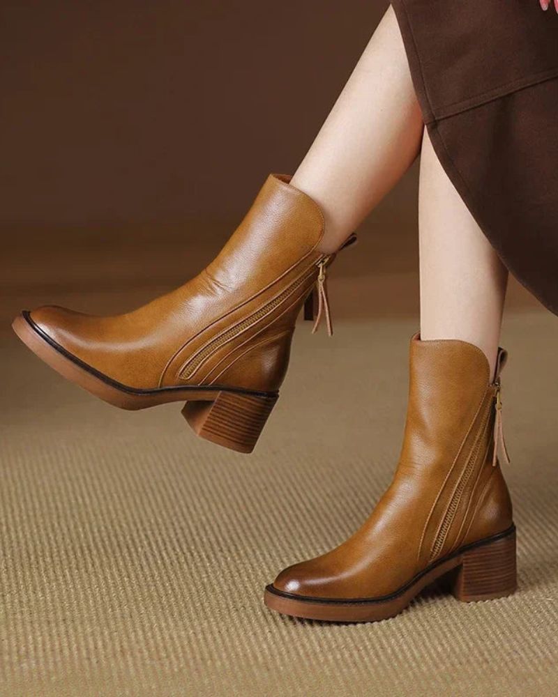 Stiefeletten - Braune und schwarze Lederstiefel mit Blockabsatz für Frauen R&B