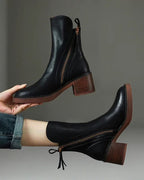 Stiefeletten - Braune und schwarze Lederstiefel mit Blockabsatz für Frauen R&B