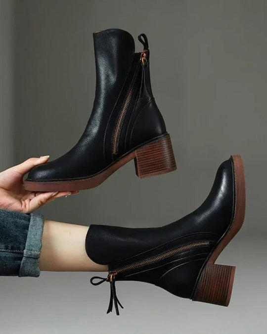 Stiefeletten - Braune und schwarze Lederstiefel mit Blockabsatz für Frauen R&B