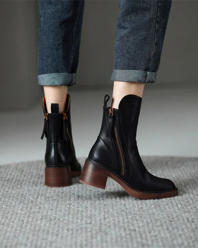 Stiefeletten - Braune und schwarze Lederstiefel mit Blockabsatz für Frauen R&B