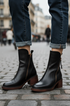 Stiefeletten - Braune und schwarze Lederstiefel mit Blockabsatz für Frauen R&B