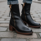 Stiefeletten - Braune und schwarze Lederstiefel mit Blockabsatz für Frauen R&B