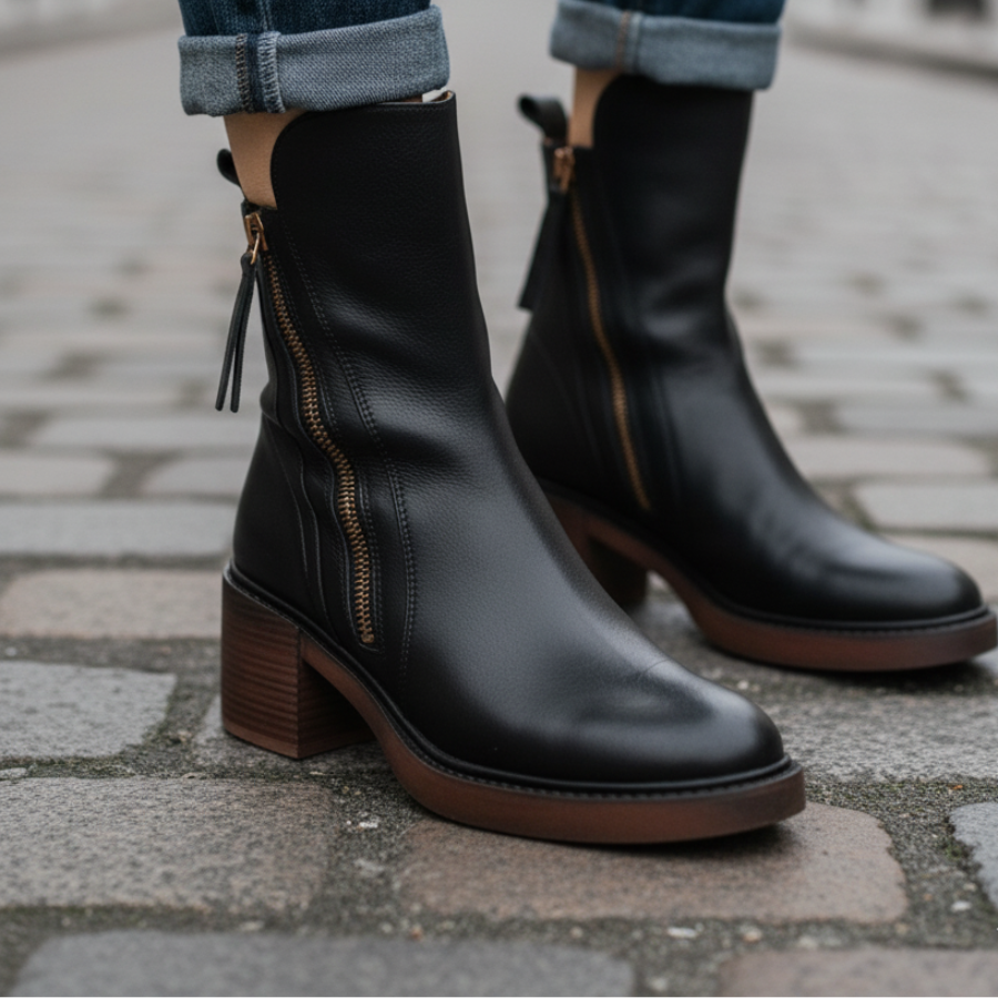 Stiefeletten - Braune und schwarze Lederstiefel mit Blockabsatz für Frauen R&B
