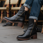 Stiefeletten - Braune und schwarze Lederstiefel mit Blockabsatz für Frauen R&B