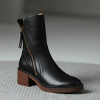 Stiefeletten - Braune und schwarze Lederstiefel mit Blockabsatz für Frauen R&B