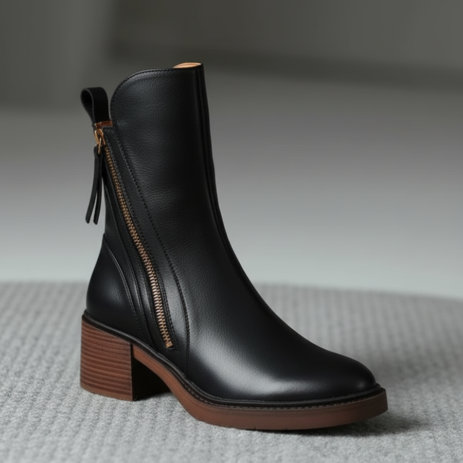 Stiefeletten - Braune und schwarze Lederstiefel mit Blockabsatz für Frauen R&B
