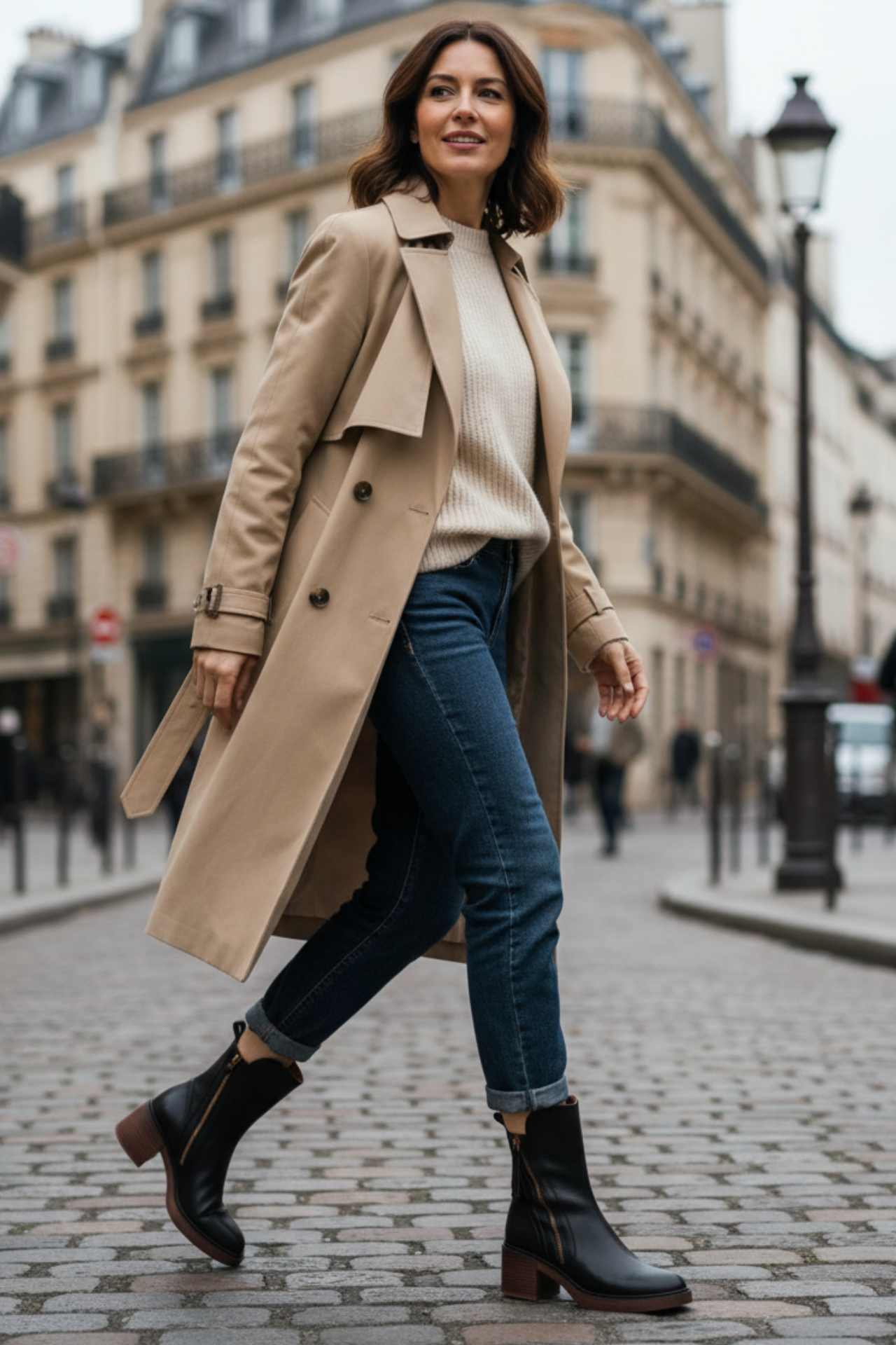 Stiefeletten - Braune und schwarze Lederstiefel mit Blockabsatz für Frauen R&B
