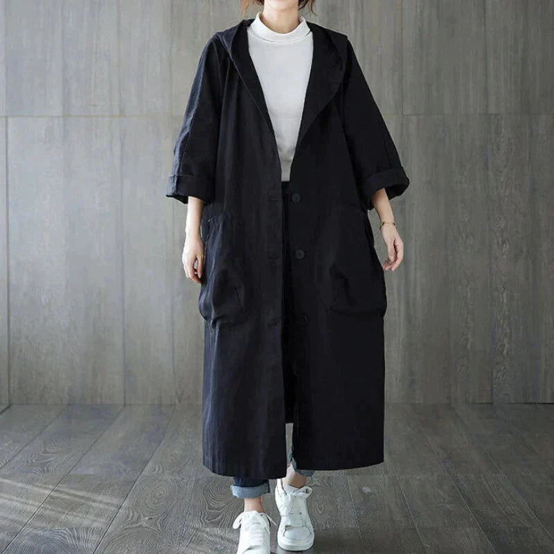 R&B | Trenchcoat - Langer Oversized-Schnitt - Große Seitentaschen - Kapuze und Knopfverschluss