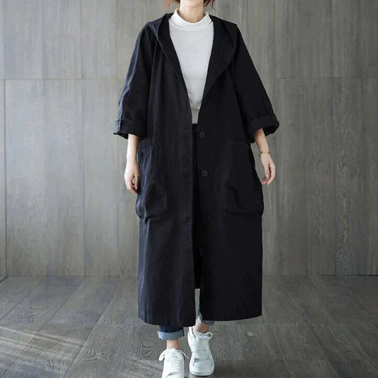 R&B | Trenchcoat - Langer Oversized-Schnitt - Große Seitentaschen - Kapuze und Knopfverschluss